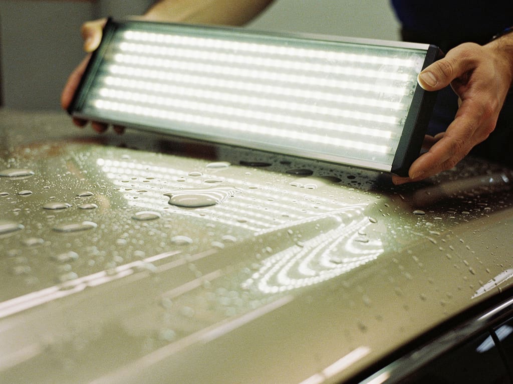Tecnico ispeziona un tetto danneggiato dalla grandine con tavola a luce riflettente