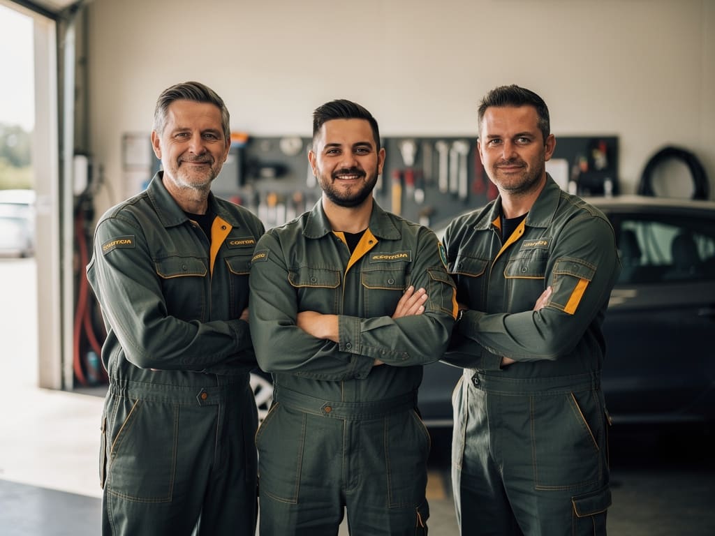 Tre tecnici dell'officina Clasebil in piedi insieme